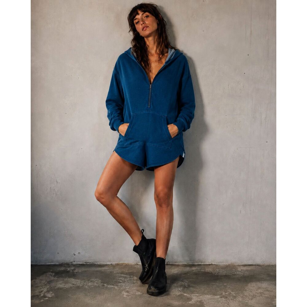One Teaspoon Long Sleeve Hooded Romper S Boho Grunge Y2K Festival Travel Blue
